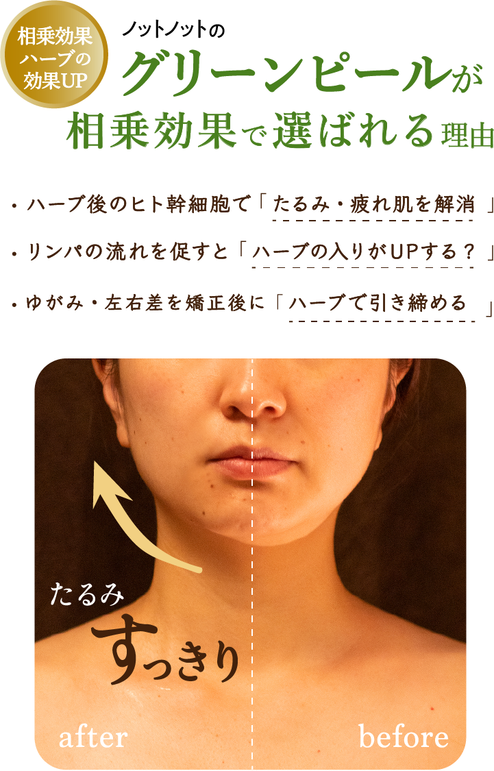 ノットノットのグリーンピールが相乗効果で選ばれる理由 ハーブ後のヒト幹細胞で   たるみ・疲れ肌を解消　リンパの流れを促すと   ハーブの入りがUPする?ゆがみ・左右差を矯正後にハーブで引き締める
