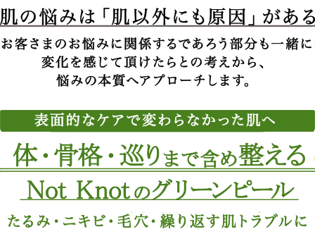  肌の悩みは「肌以外にも原因」があるお客さまのお悩みに関係するであろう部分も一緒に変化を感じて頂けたらとの考えから、 悩みの本質ヘアプローチします。表面的なケアで変わらなかった肌へ体・骨格・巡りまで含め整えるNot Knotのグリーンピールたるみ・ニキビ・毛穴・繰り返す肌トラブルに