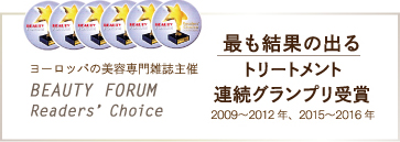 ヨーロッパの美容専門雑誌主催 BEAUTY FORUM Readers’Choice 最も結果の出るトリートメント連続グランプリ受賞 2009〜2012年、2015〜2016年