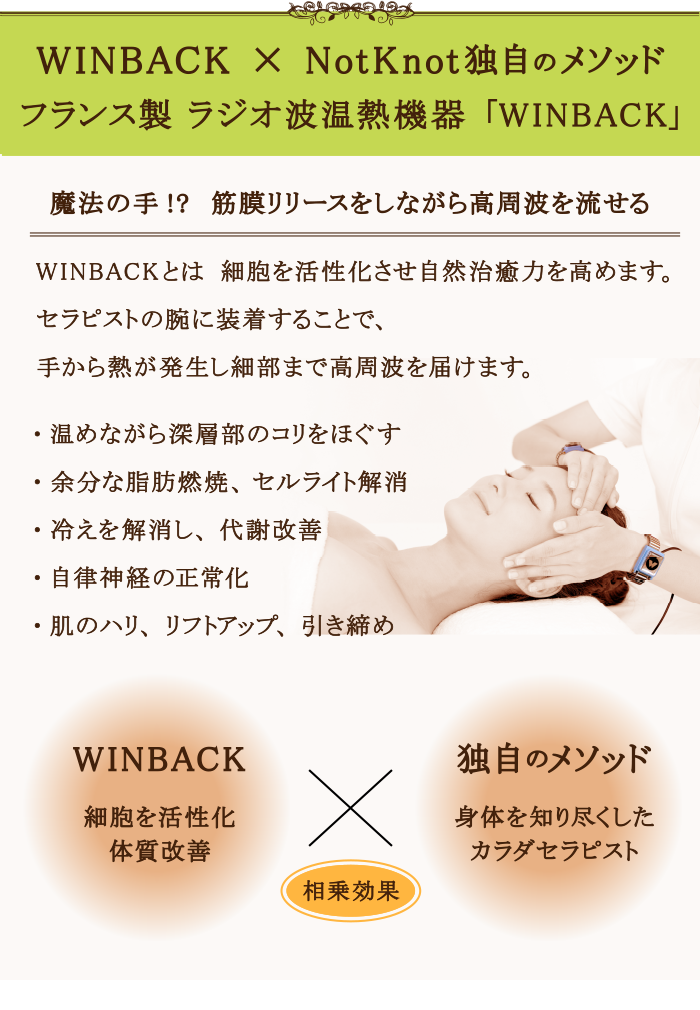 WINBACK ウィンバック × NotKnot独自のメソッド フランス製 最新ラジオ波温熱機器「WINBACK(ウィンバック)」導入 魔法の手!?　セラピストの手が温かくなる WINBACK(ウィンバック)とは、フランス製の最新式ラジオ波（高周波）機器。細胞を活性化させ、人間が本来持っている自然治癒力を高めます。セラピストの腕に装着することで、手から熱が発生し、機械では出来ない細部まで高周波を届けます。・温めながら深層部のコリをほぐす 肩こり・余分な脂肪やセルライト解消・冷えを解消し、代謝改善・自律神経の正常化・肌のハリ、リフトアップ、引き締め たるみ解消 細胞を活性化 体質改善WINBACK ウィンバック×身体を知り尽くしたカラダセラピスト独自のメソッド 相乗効果。WINBACK(ウィンバック)を使用し、NotKnot独自の施術をいたします。ウィンバックを東京で受ける。